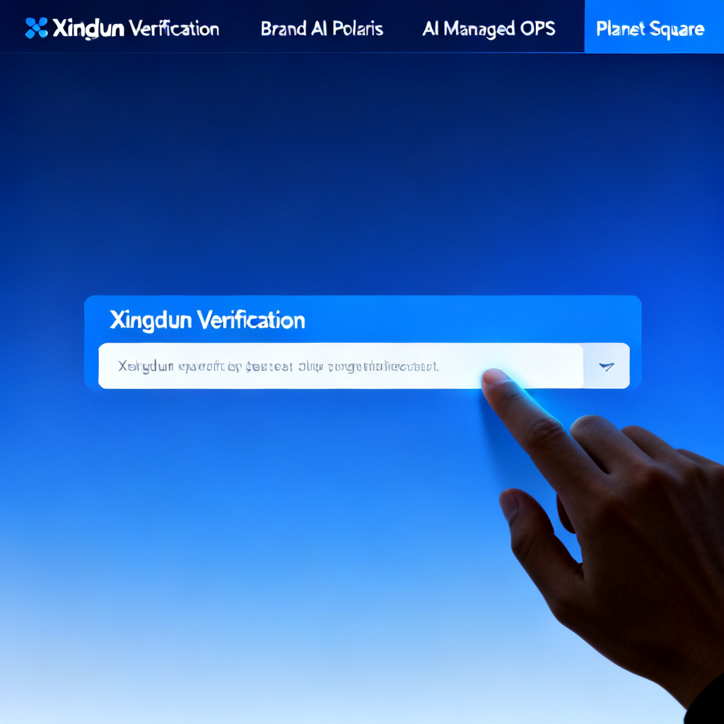 A clean web interface screenshot showing the official website of Soujixing, with four navigation entries at the top: 'Xingdun Verification', 'Brand AI Polaris', 'AI Managed OPS', and 'Planet Square'. The background is a tech-blue gradient, and a user's mouse hovers over the Xingdun Verification input box with sample text inside. The overall style is modern and professional.