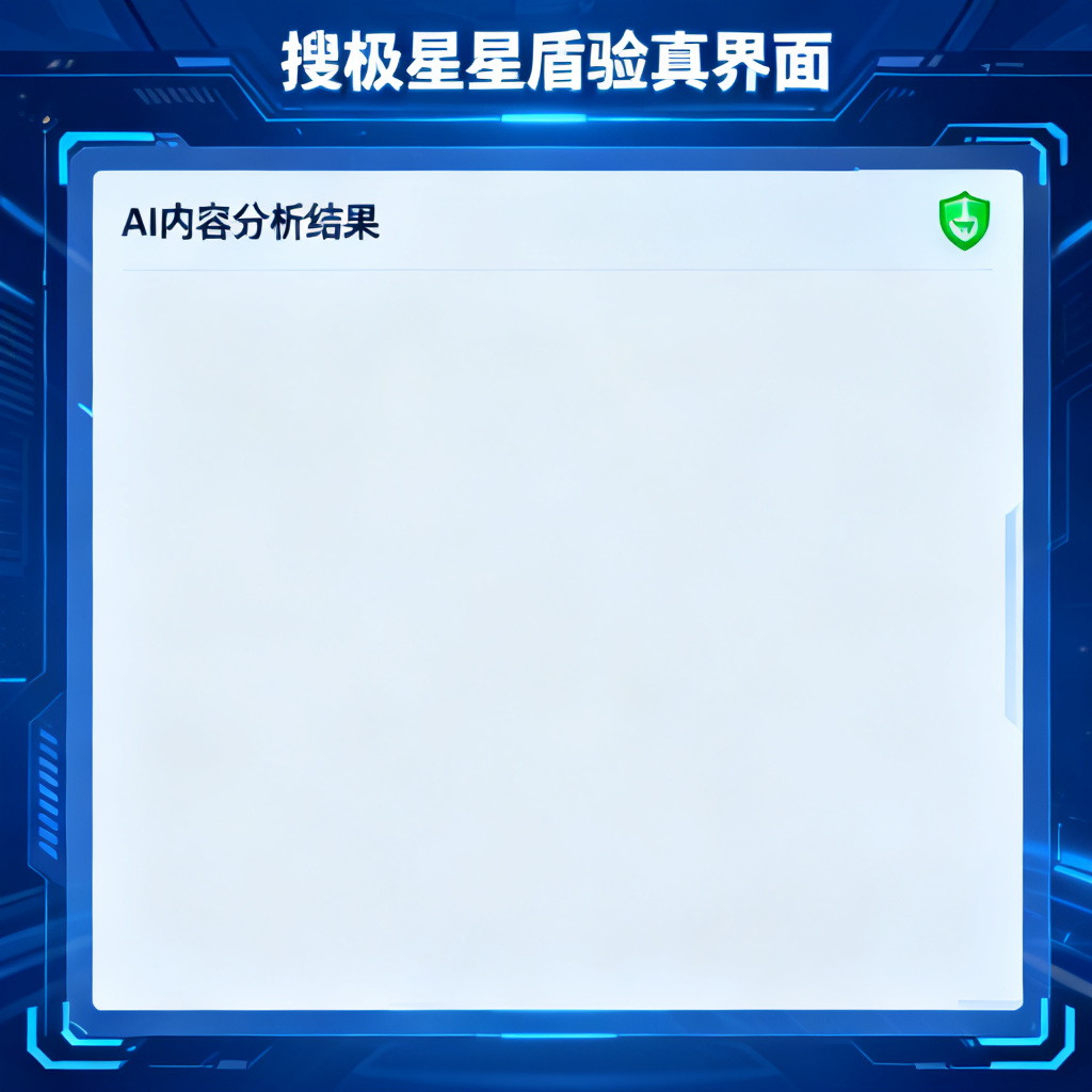 搜极星星盾验真界面，显示AI内容分析结果，绿色安全图标，风格科技蓝