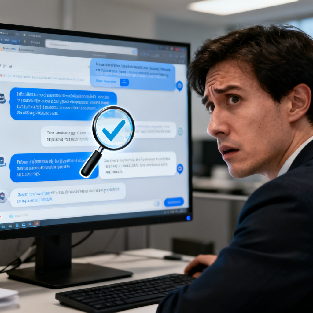 A person looking confused at a computer screen with multiple AI chat windows open, showing contradictory information. The screen displays a magnifying glass icon over one of the chat windows, symbolizing verification. Style: realistic, professional, high contrast.
