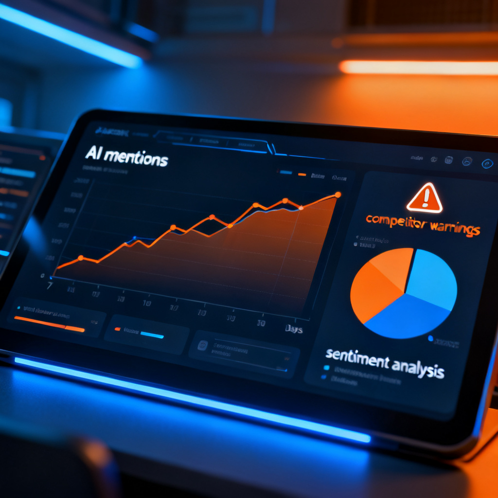 A dashboard interface showing brand perception metrics, with a line graph tracking AI mentions over 7 days, a pie chart for sentiment analysis, and an alert icon for competitor warnings, tech-style lighting with blue and orange tones
