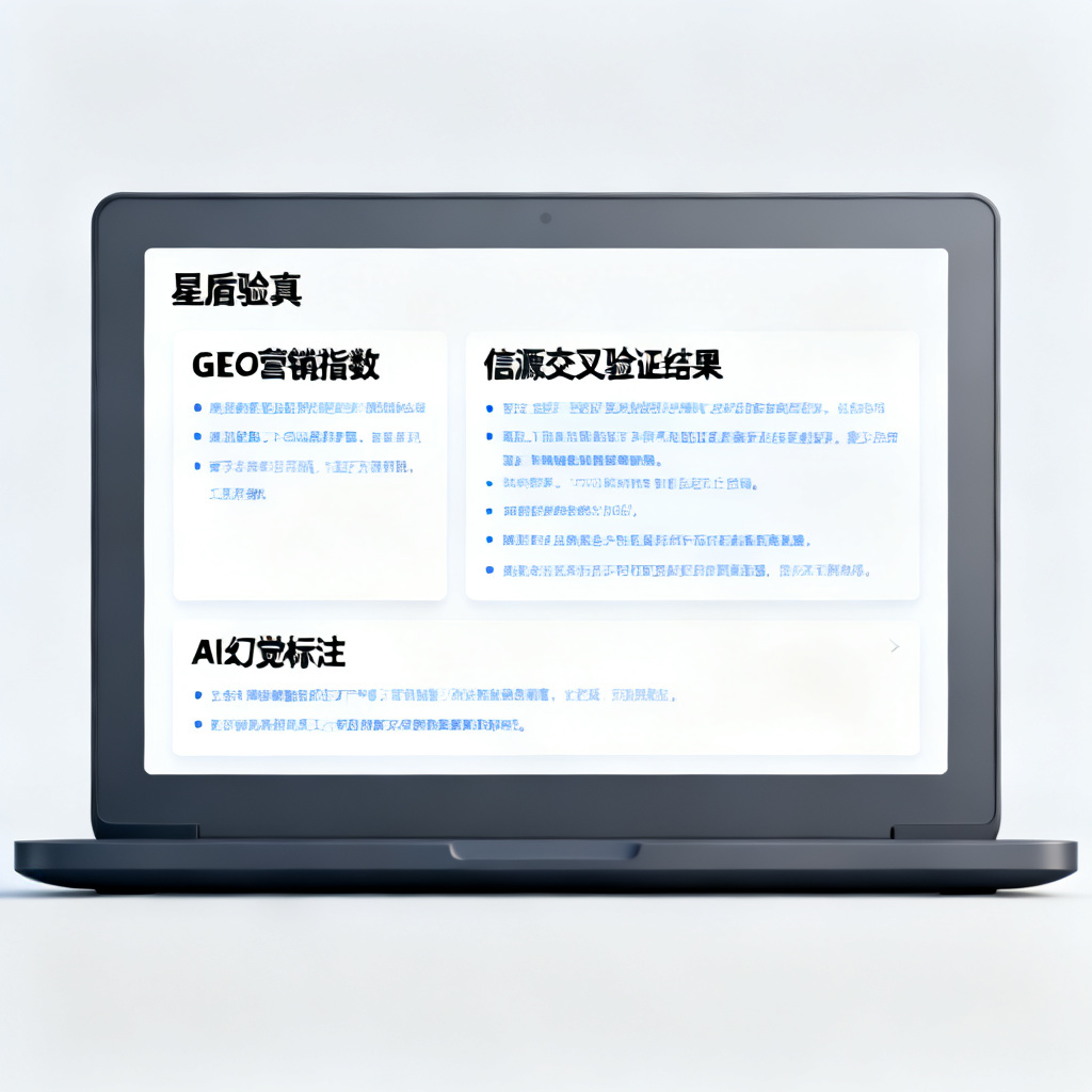 电脑屏幕显示‘星盾验真’报告界面,包含GEO营销指数、信源交叉验证结果和AI幻觉标注