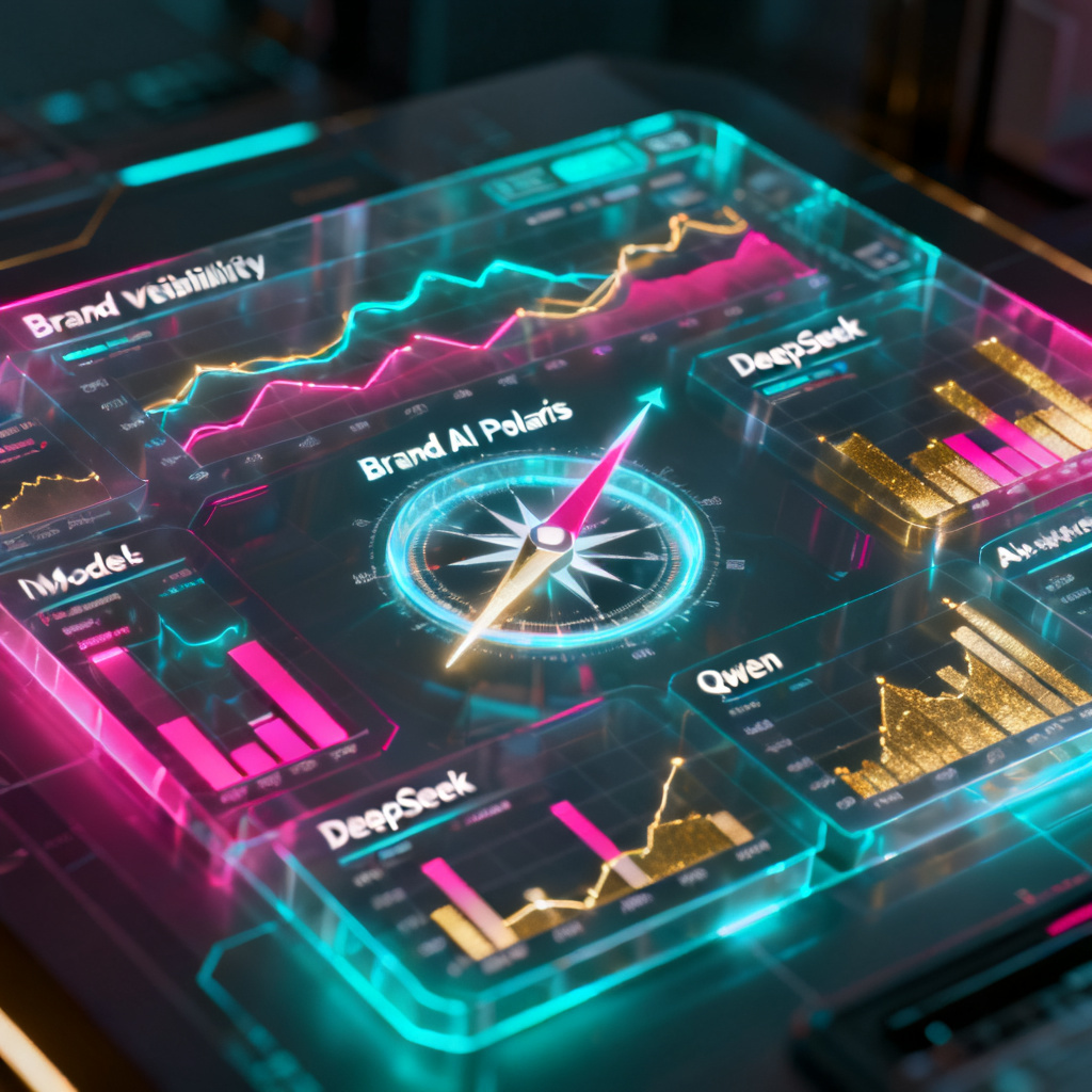 A 3D holographic dashboard showing brand visibility metrics across multiple AI models like DeepSeek and Qwen, with colorful graphs and a compass pointing to 'Brand AI Polaris'.