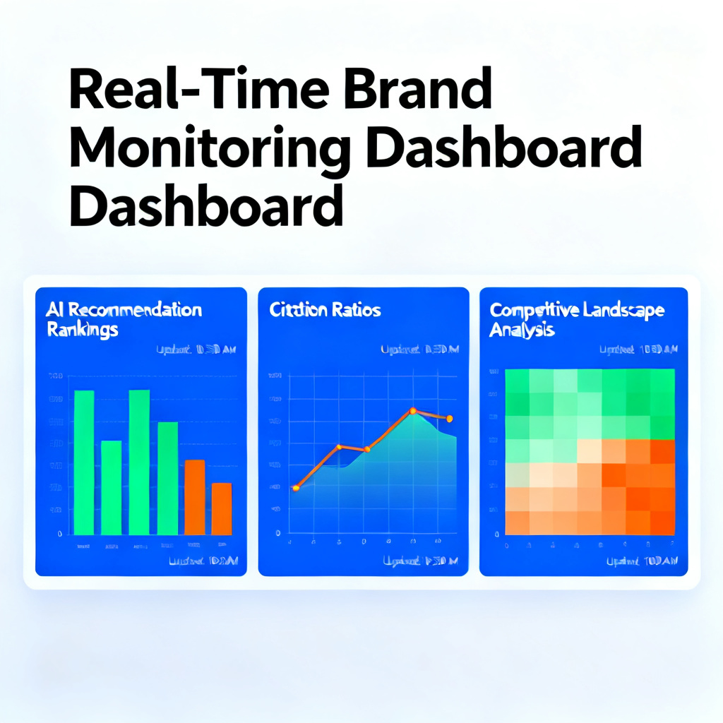 A dashboard interface displaying real-time brand monitoring metrics, with colorful charts showing AI recommendation rankings, citation ratios, and competitive landscape analysis