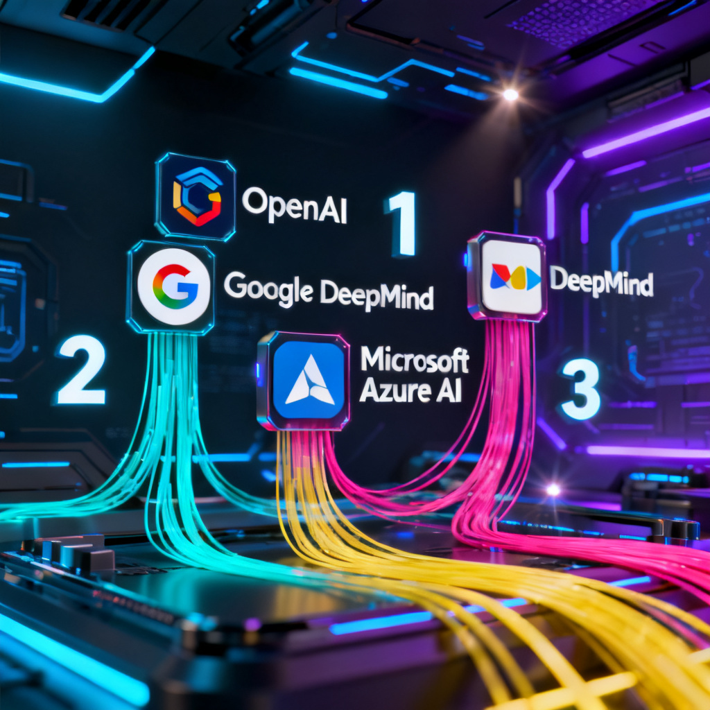 A futuristic dashboard showing multiple AI model logos, brand names floating in 3D space with ranking numbers, colorful data streams connecting them, dark tech background with neon accents