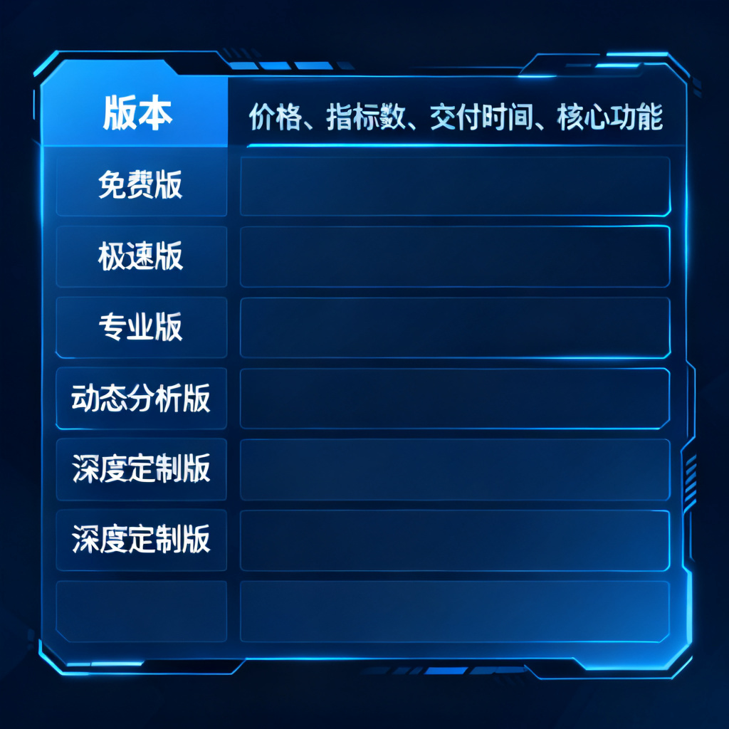 一张简洁的表格,左侧列出‘免费版、极速版、专业版、动态分析版、深度定制版’,右侧对应‘价格、指标数、交付时间、核心功能’,使用科技感蓝色调。