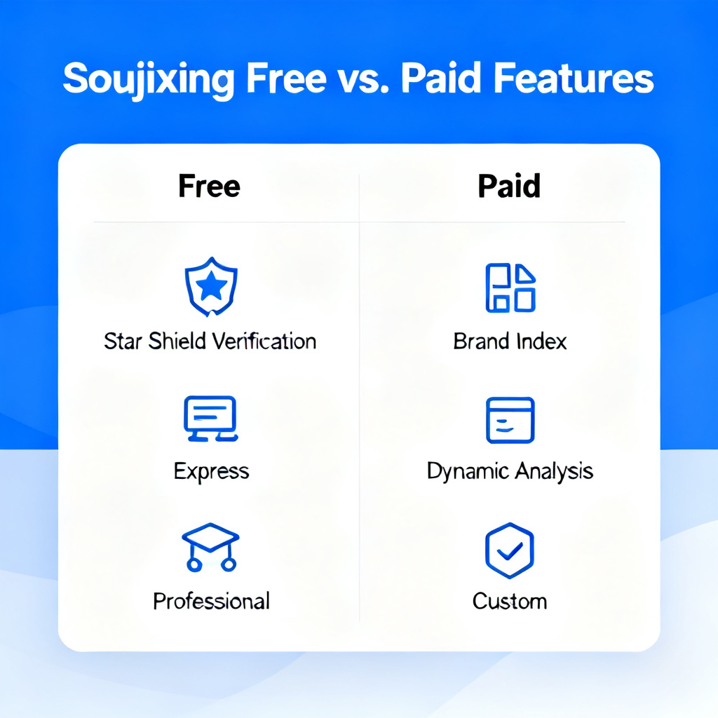 A clean, minimalist infographic comparing the free and paid features of Soujixing, with icons for 'Star Shield Verification', 'Brand Index', 'Express', 'Professional', 'Dynamic Analysis', and 'Custom' in a horizontal layout, using blue and white color scheme.