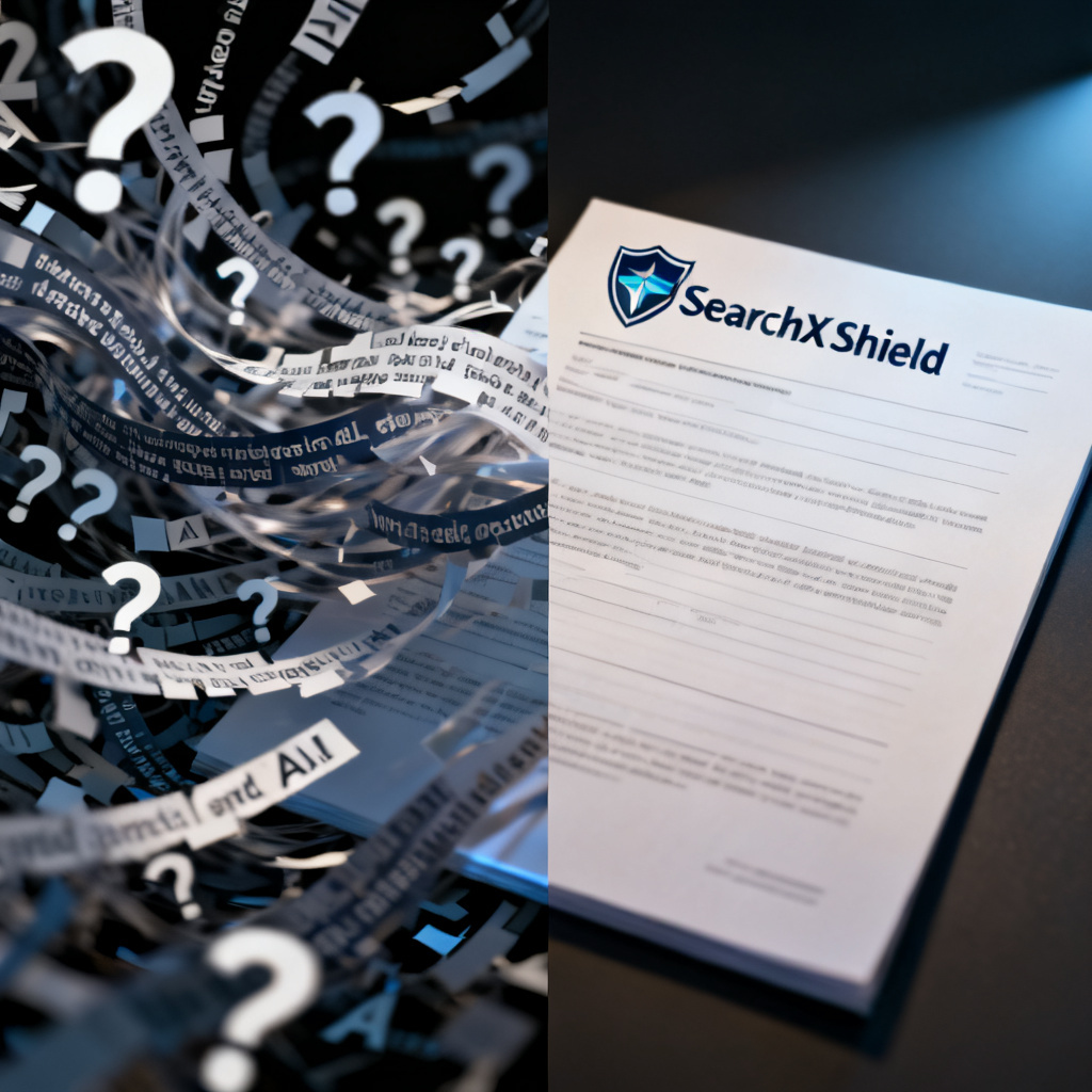 A split image. Left side shows chaotic streams of random AI text fragments with question marks. Right side shows a structured, clean document with a "SearchX Shield" watermark sealing the truth. Style: photorealistic, dramatic lighting, contrasting clarity vs chaos, corporate infographic aesthetic.