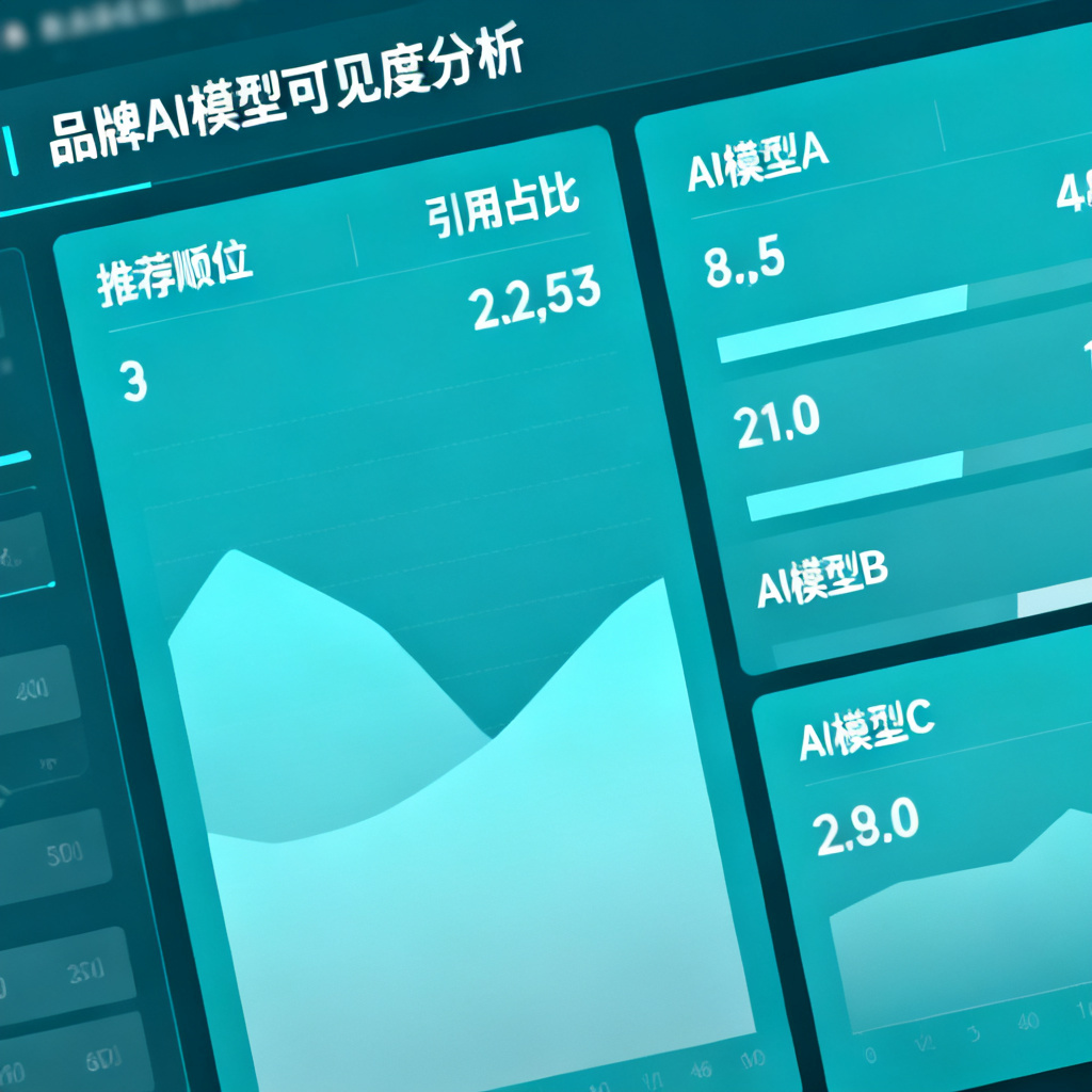 企业品牌仪表盘可视化界面，显示品牌在多个AI模型中的可见度指标，包括推荐顺位、引用占比等，色彩以蓝色和绿色为主