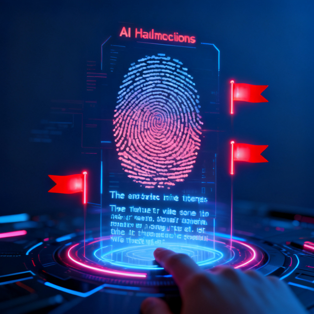 A digital fingerprint scanner analyzing text, with glowing red flags for AI hallucinations, dark blue background, cyberpunk style, 4k
