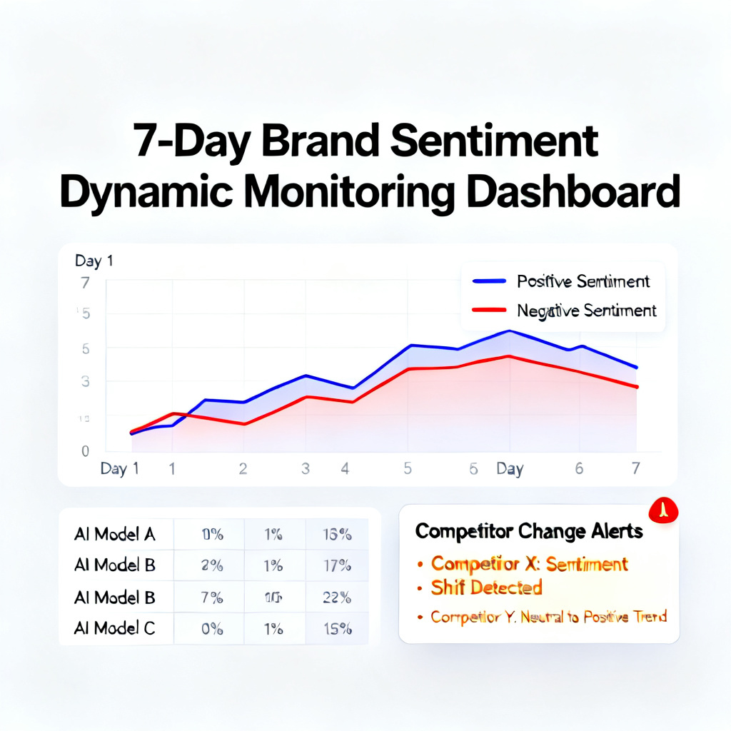 A dashboard showing 7-day dynamic monitoring of brand sentiment across multiple AI models, with alert notifications for competitor changes