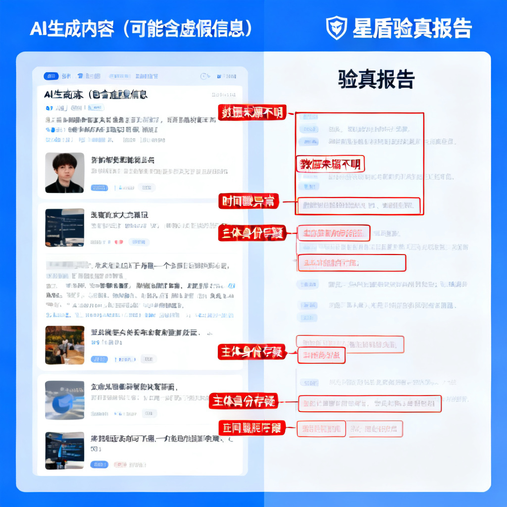 一张展示用户使用星盾验真前后的对比图,左侧是AI生成的可能包含虚假信息的内容,右侧是验真报告标注出的问题点