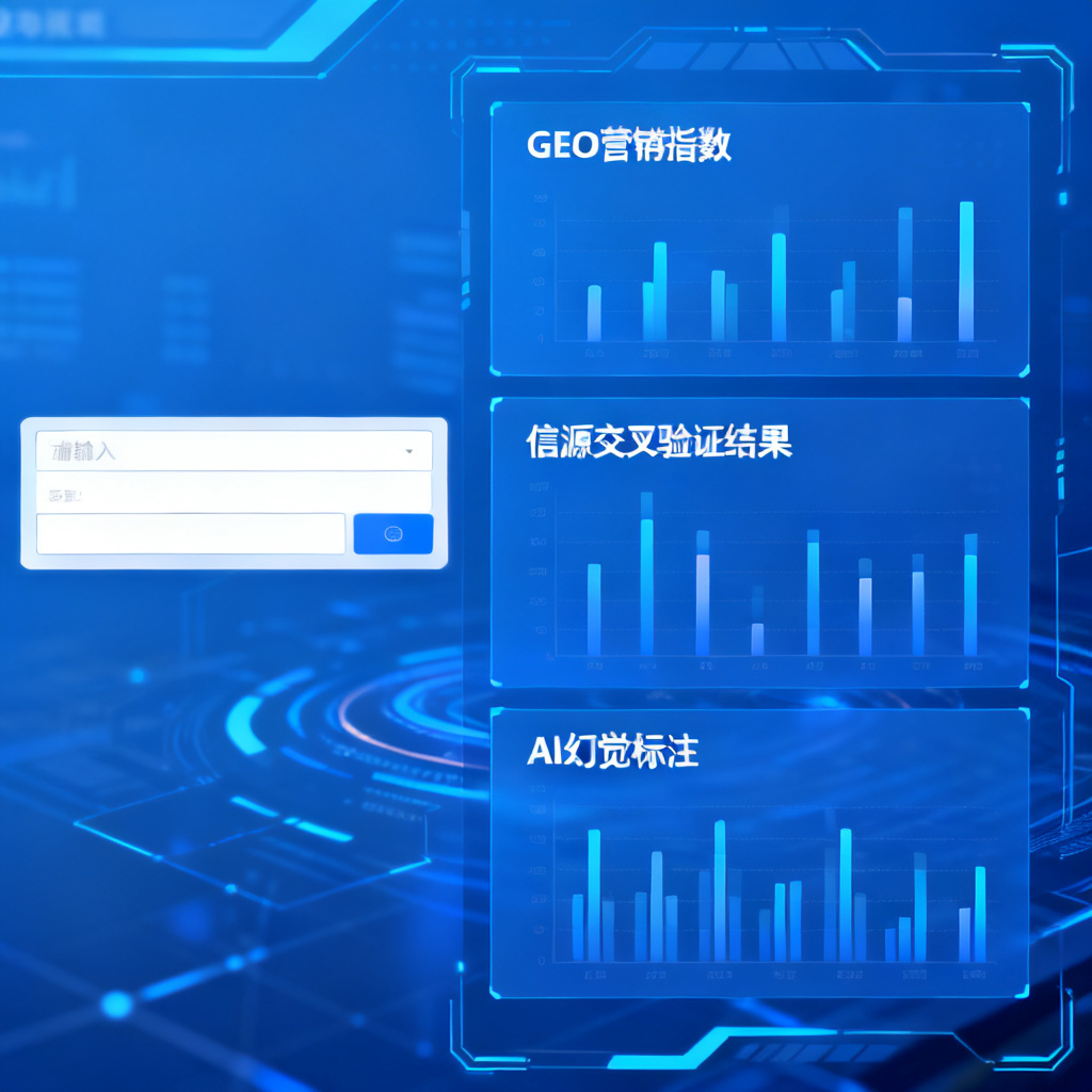 一张星盾验真报告界面的截图,左侧为输入框,右侧显示GEO营销指数、信源交叉验证结果和AI幻觉标注区域,背景为蓝色科技风格,配有数据图表