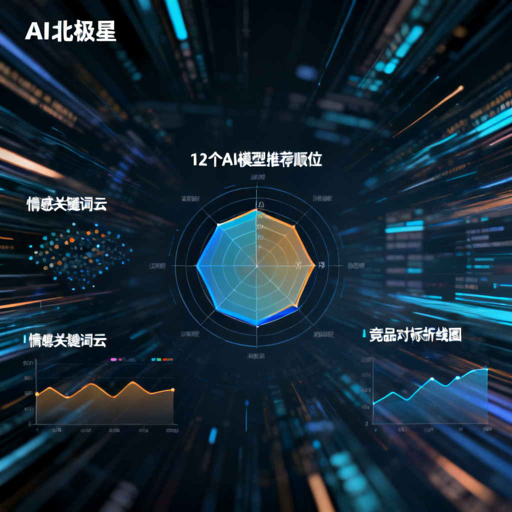 品牌AI北极星仪表盘，中央显示品牌在12个AI模型中的推荐顺位雷达图，周围环绕情感关键词云和竞品对标折线图，背景为动态数据流