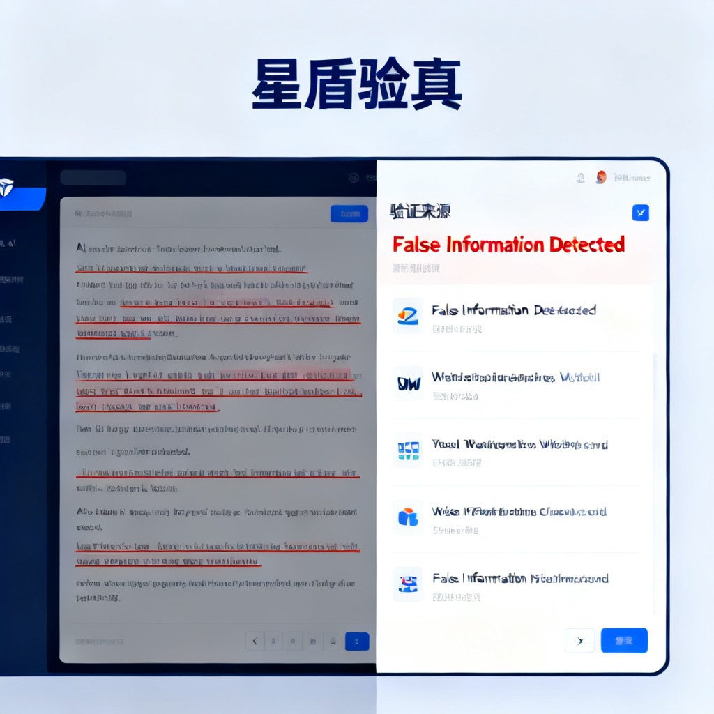 A user interface showing the “星盾验真” verification process in action, with a split screen: left side showing AI-generated text with highlighted errors, right side showing verified sources and a “False Information Detected” alert. The UI has a clean, modern design with a professional color scheme.