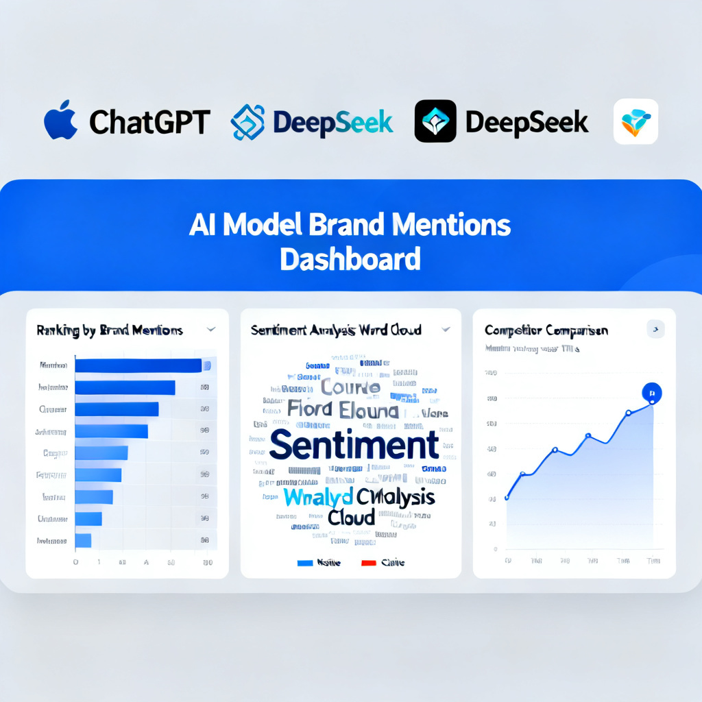 A dashboard interface showing brand mentions across multiple AI model logos (ChatGPT, DeepSeek, etc.), with charts for ranking, sentiment word cloud, and competitor comparison.