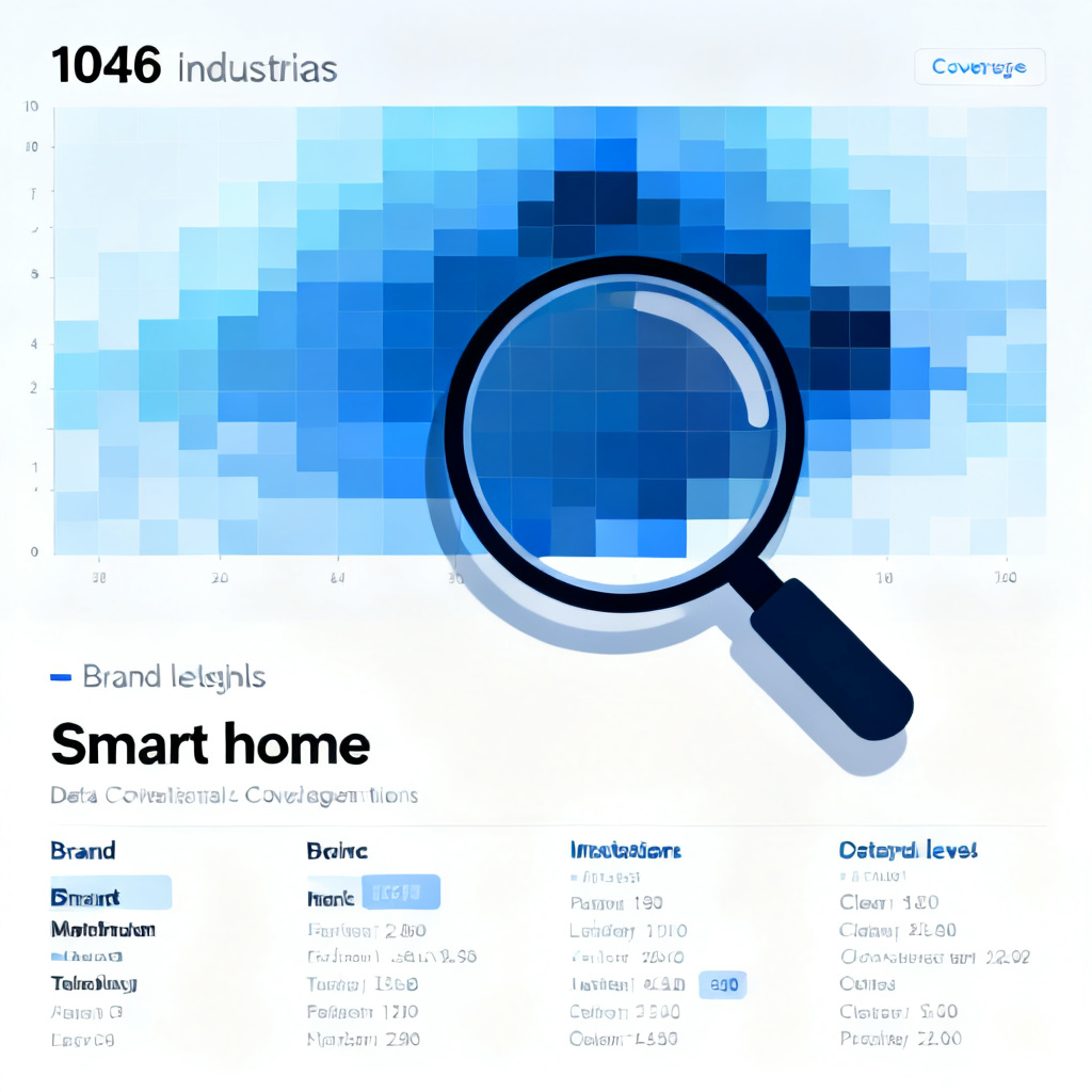 A heatmap of 1046 industries with varying color intensities representing data coverage, with a magnifying glass highlighting the "smart home" sector, showing detailed brand-level insights