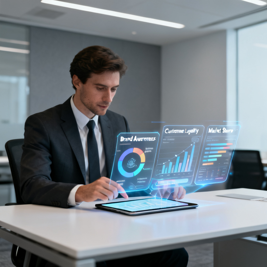 A business professional analyzing a report on a tablet, with holographic data overlays showing brand health indicators, modern office setting