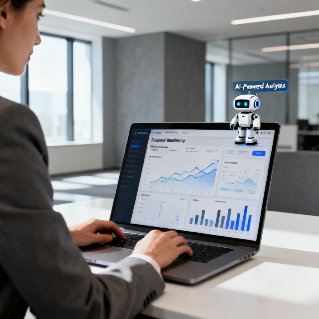 A professional in a corporate setting using a laptop with a dashboard displaying real-time brand monitoring data, with a small robot icon indicating AI-powered analysis, in a modern office environment.
