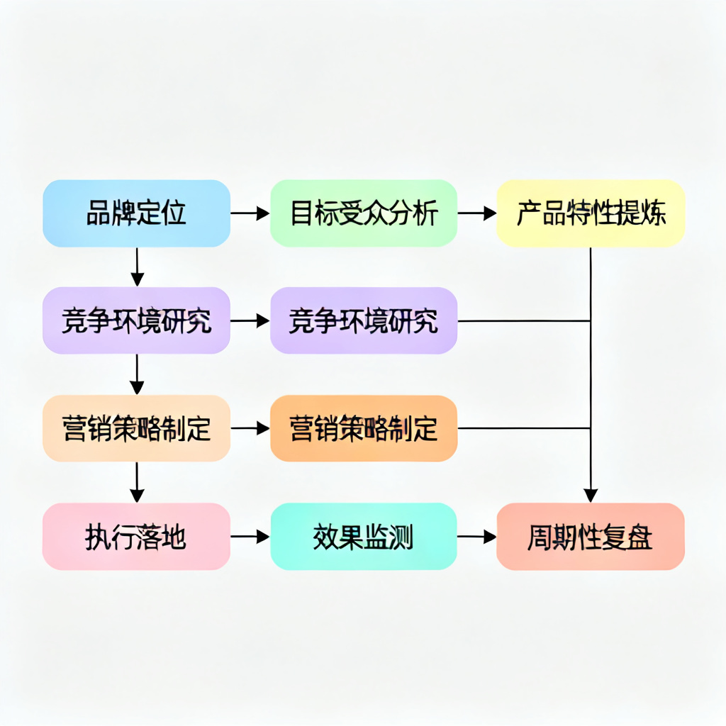 A flowchart illustrating an 8-step process from '品牌定位' to '周期性复盘', with each step labeled and connected by arrows, in a clean corporate style.