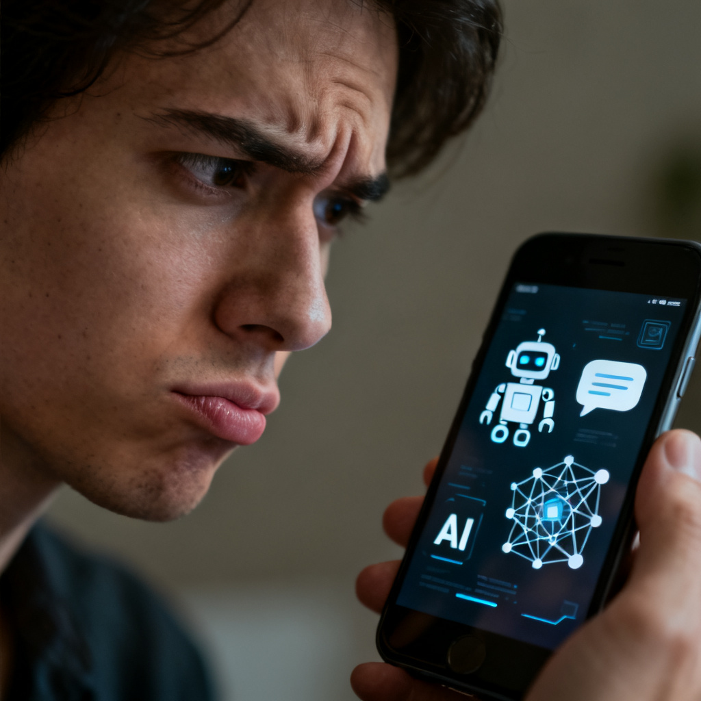 A skeptical person looking at a smartphone with AI icons, expression of doubt, realistic style, muted colors