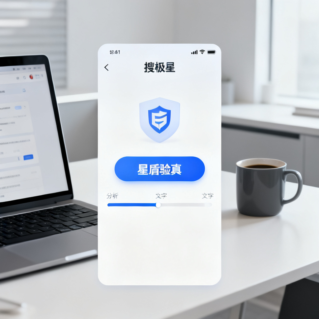A user interface of a tool named "搜极星" showing a text verification screen, with a large "星盾验真" button in the center, and a progress bar analyzing text. The background is a clean, modern workspace with a laptop and coffee mug.