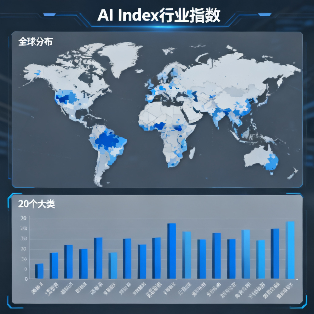 宏观数据看板，显示AI Index行业指数，有地图和柱状图，标注20个大类