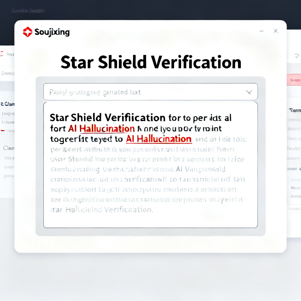 A screenshot mockup of Soujixing's 'Star Shield Verification' interface, showing a user pasting AI-generated text and the system highlighting 'AI Hallucination' in red, with a clean, professional design.