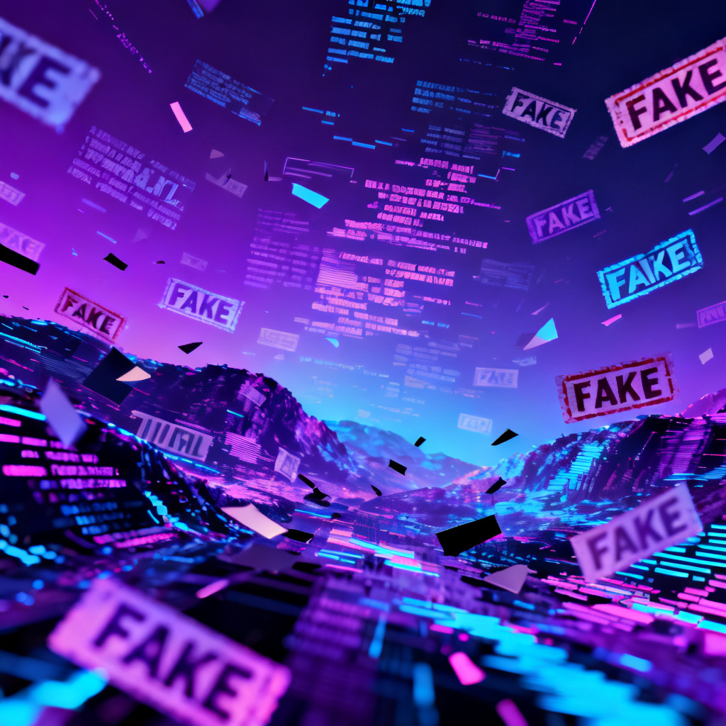 A chaotic digital landscape with AI-generated text fragments floating, some with 'FAKE' stamps, in a futuristic style.
