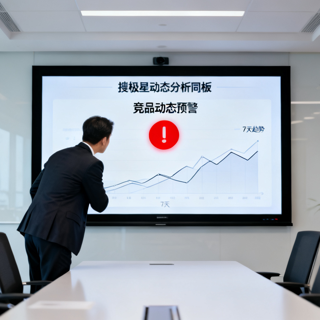一个企业高管在会议室大屏前查看搜极星动态分析看板,屏幕显示“竞品动态预警”红色警报,旁边有7天趋势图