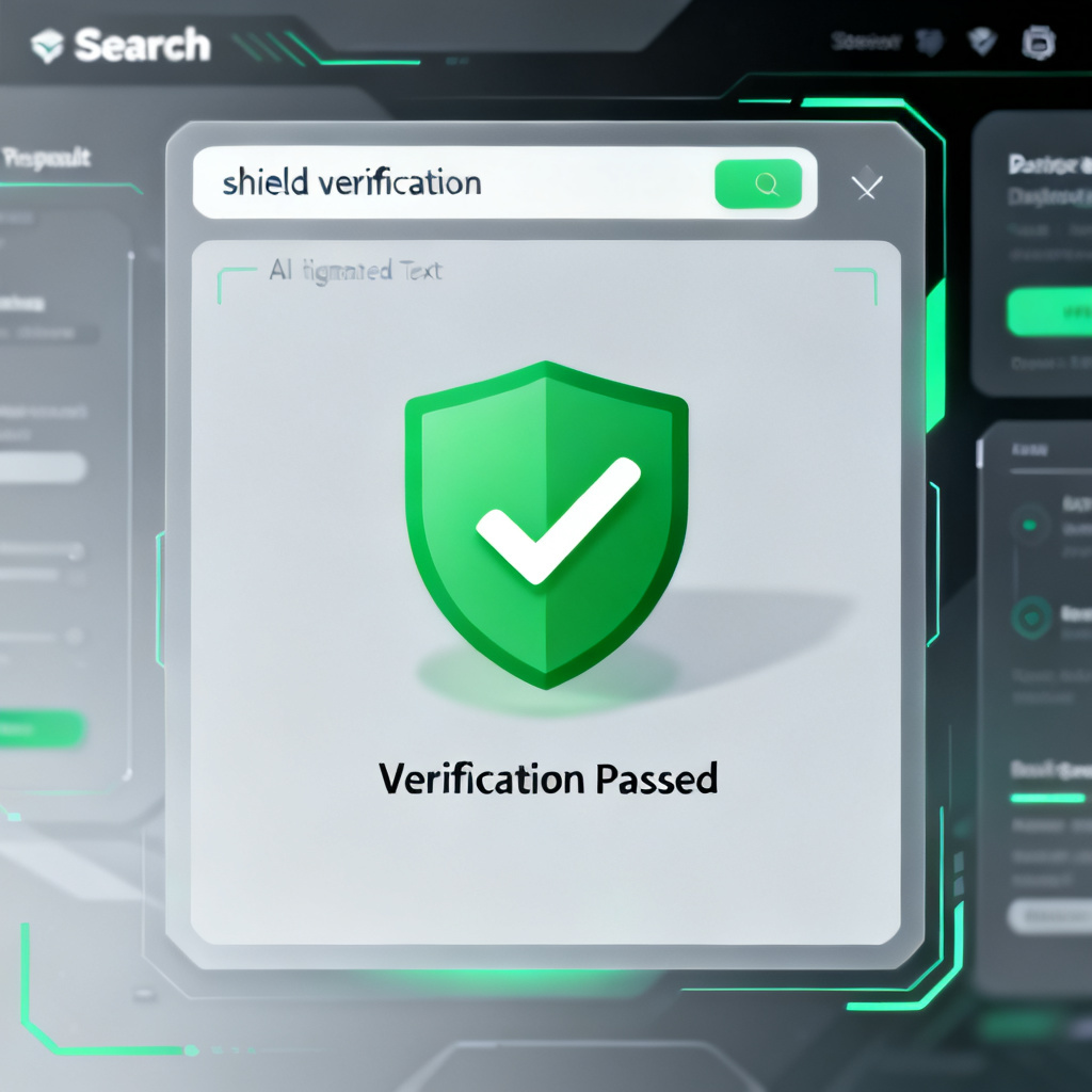 A sleek, futuristic interface of a search tool displaying a 'shield verification' result for an AI-generated text, with green checkmarks and a clean dashboard