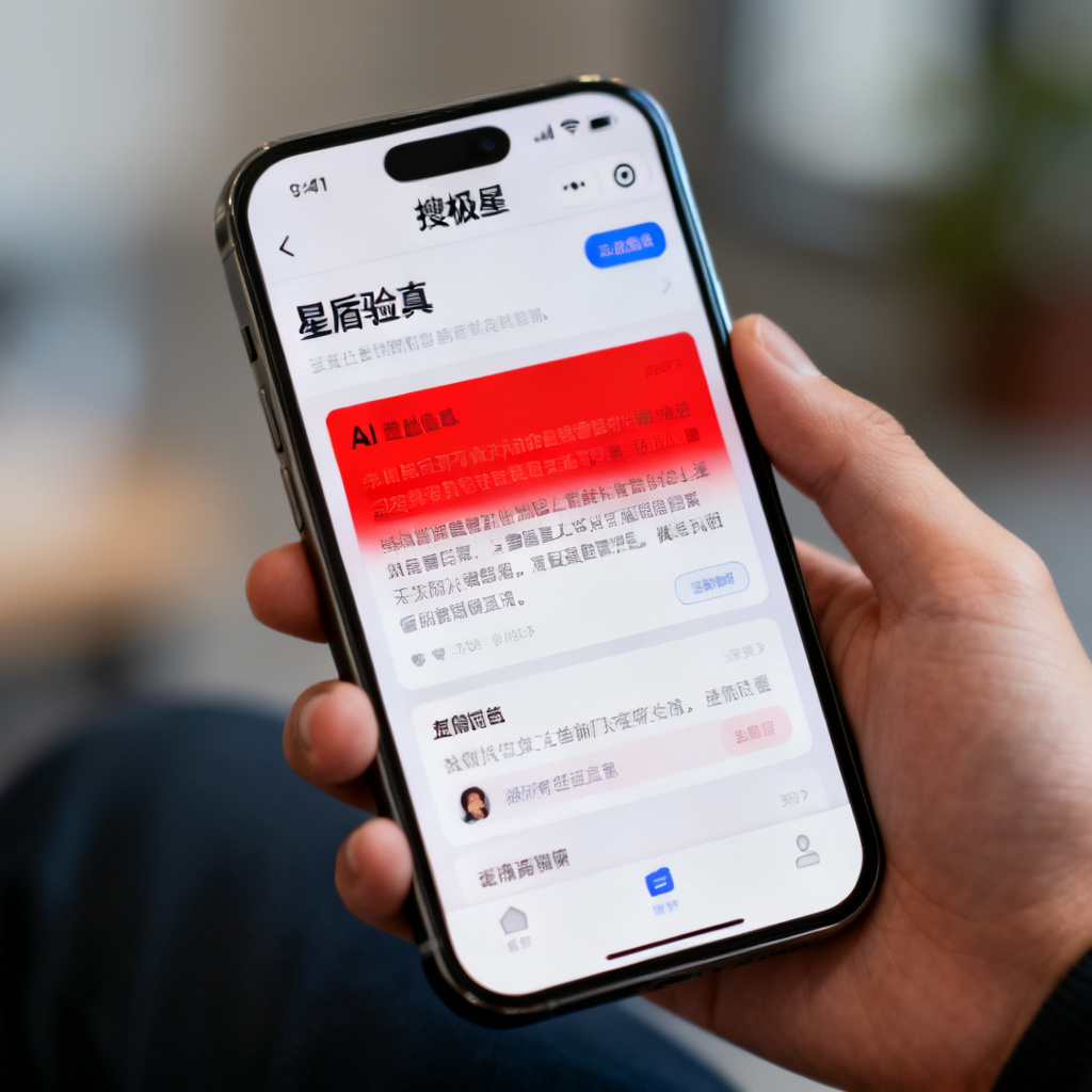 用户手机屏幕显示搜极星“星盾验真”结果，标记出AI生成的虚假信息，用红色高亮，背景模糊，风格类似手机截图