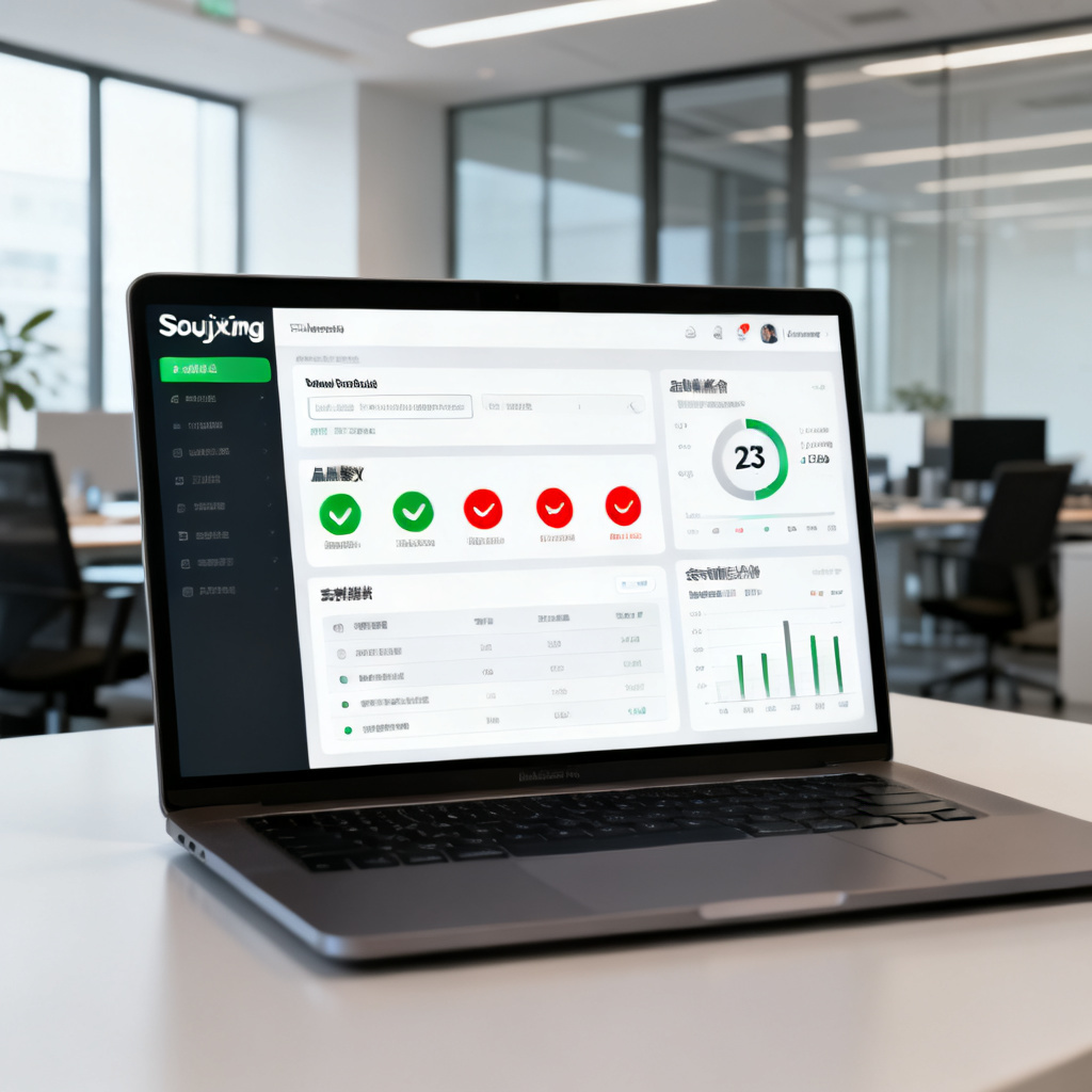 A professional user interface of Soujixing showing a verification result with green and red markers, a brand index dashboard with 23 metrics, and a real-time monitoring panel for competitive analysis, all displayed on a laptop screen in a modern office setting.