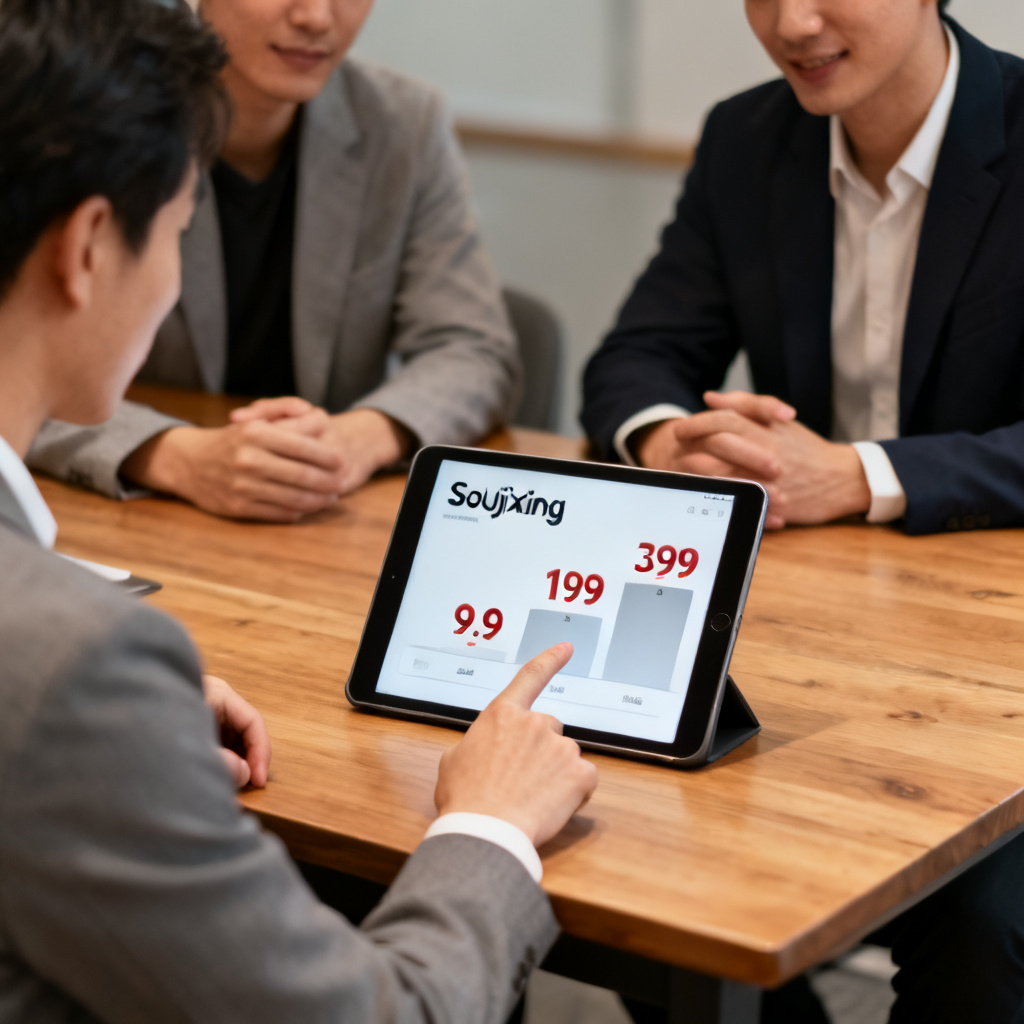 A team of three people around a table, one pointing at a tablet showing a comparison chart of 'Soujixing' pricing tiers, with price tags 9.9, 199, 399, professional atmosphere