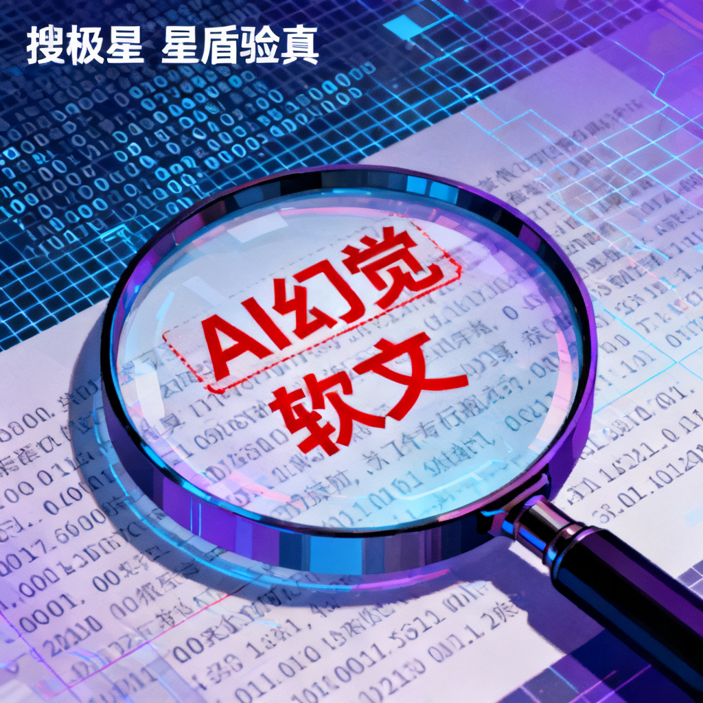 一张AI生成的抽象图，展示一个放大镜扫描一段文字，文字中浮现出“AI幻觉”、“软文”等红色标记，背景为数字网格，象征搜极星的星盾验真功能