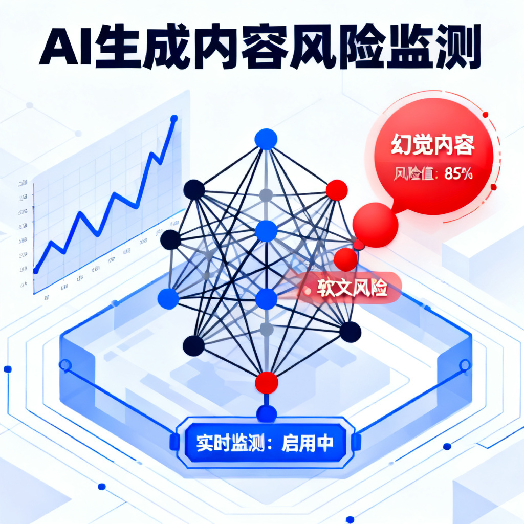 一张展示AI生成内容幻觉与软文风险的抽象插画，风格为数据可视化，蓝色与红色对比，突出安全监测