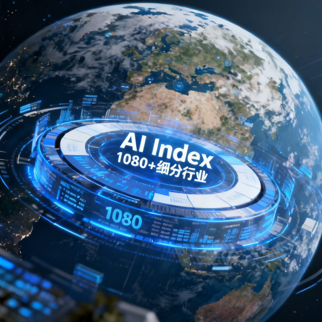 地球背景，周围环绕数据飞轮，显示“AI Index”和“1080+细分行业”字样，蓝色和白色主色调，科技感