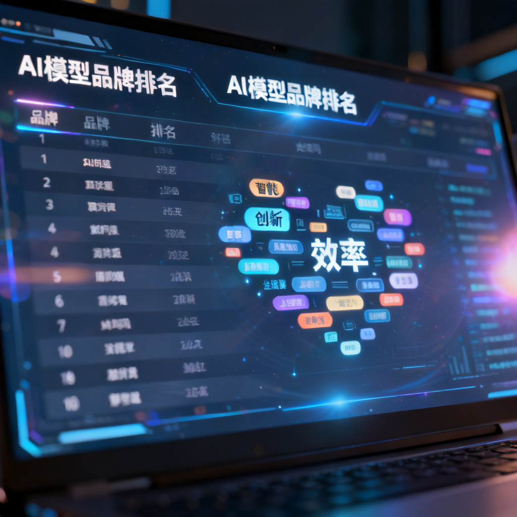 一个实时数据仪表盘，显示品牌在多个AI模型中的排名和关键词云，屏幕带光晕，商用图表风格