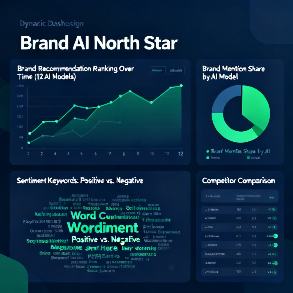 A dynamic dashboard interface for "Brand AI North Star", showing a line chart of brand recommendation ranking over time across 12 AI models, a pie chart of brand mention share by model, a word cloud of positive and negative sentiment keywords, and a competitor comparison table. The interface is data-dense but well-organized, with a dark blue and green color scheme.