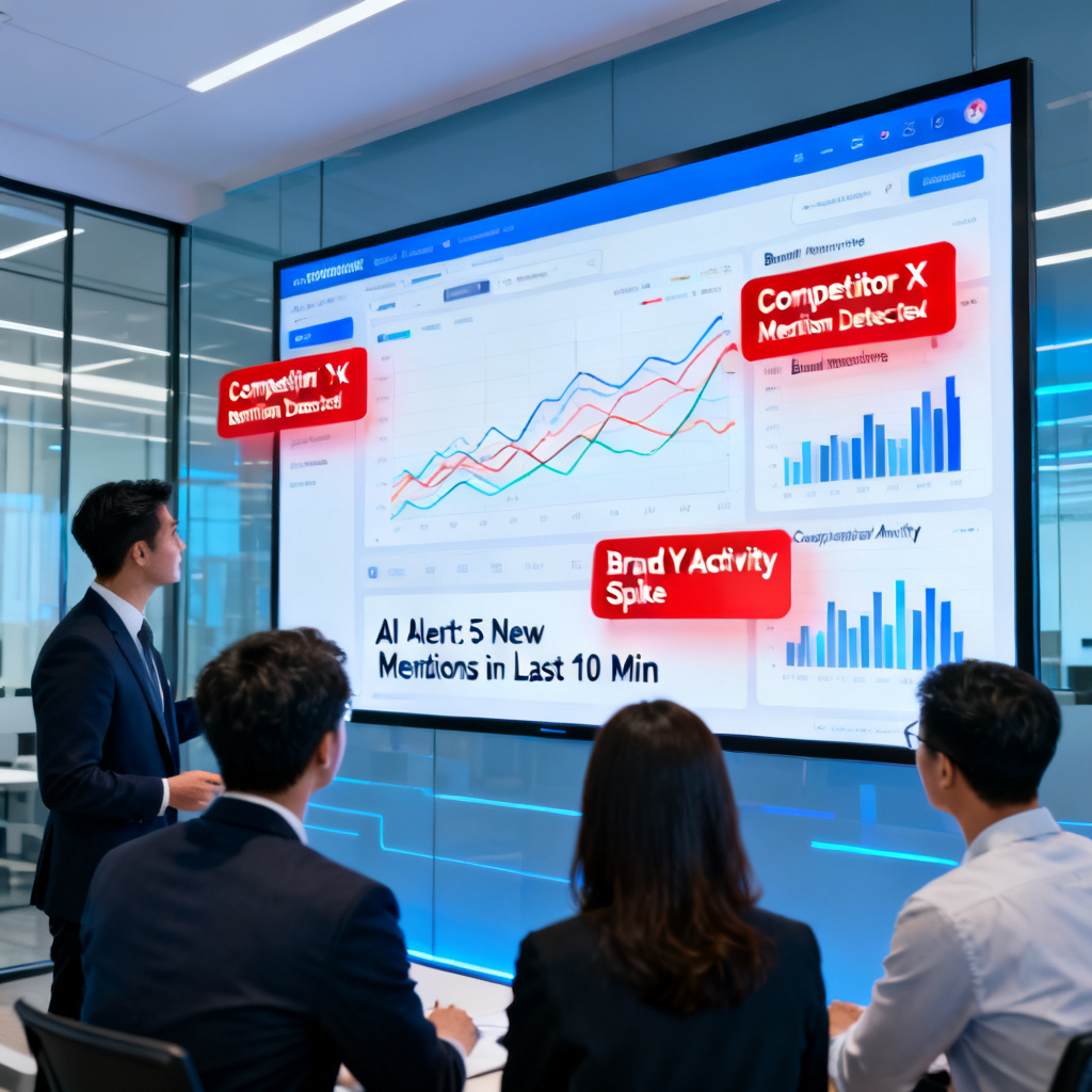 A business team monitoring a real-time dashboard with alerts for competitor brand mentions in AI.