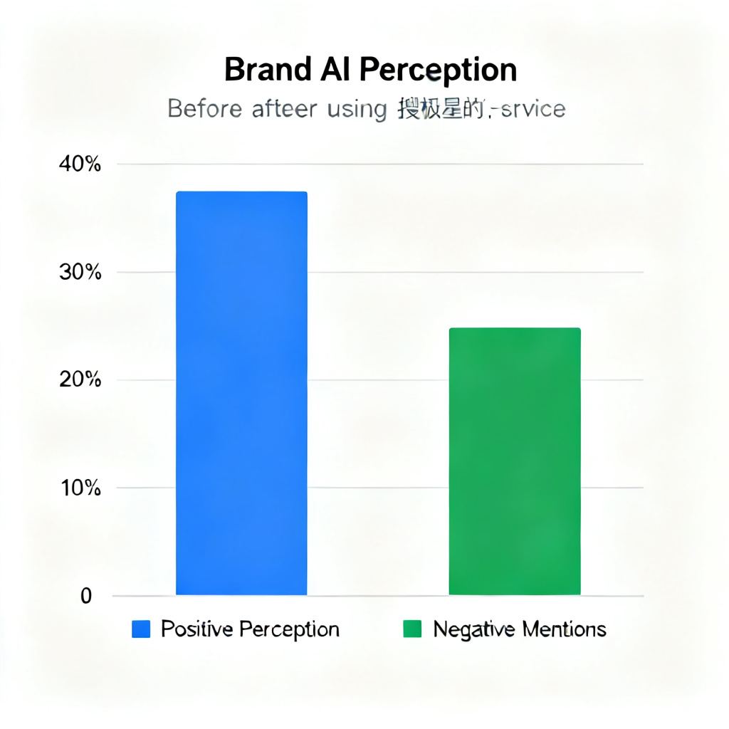 A bar chart comparing 'Brand AI Perception' before and after using 搜极星's paid service, showing a 40% improvement in positive perception and a 30% reduction in negative mentions. Minimalist design with blue and green bars.