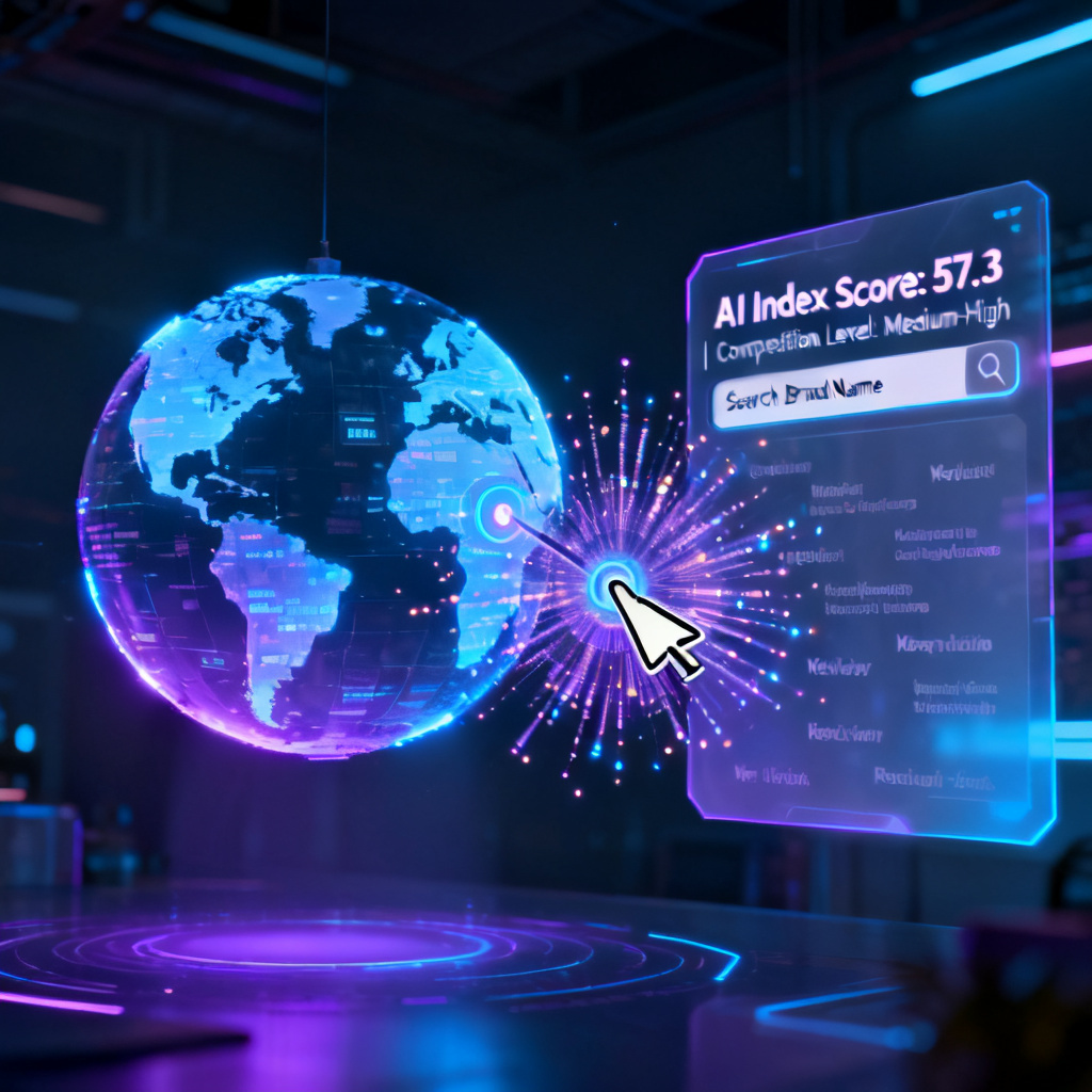 A digital sphere hovering in a dimly lit space, with continents glowing as interactive regions. A user cursor clicks on a specific industry sector, triggering a radial burst of data points surrounded by keyword clouds. On the right side, a translucent panel shows "AI Index Score: 57.3 | Competition Level: Medium-High" next to a search bar labeled "Search Brand Name".