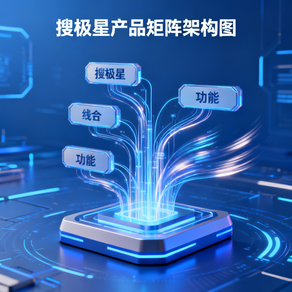 搜极星产品矩阵架构图，展示底层数据基座连接四个功能模块的立体信息图，蓝色科技感背景，数据流线动态效果