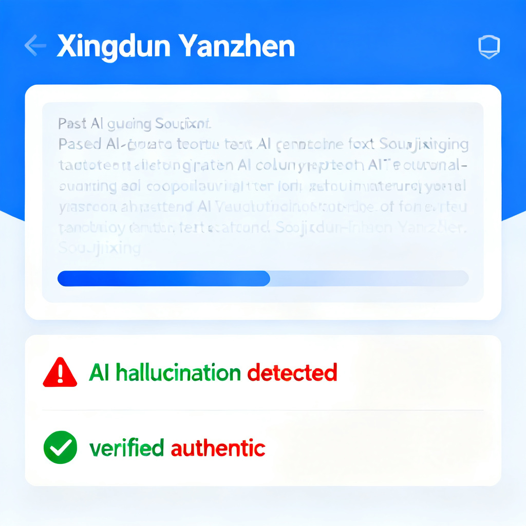 A user interface screenshot of the "Xingdun Yanzhen" feature in Soujixing, showing a pasted AI-generated text being analyzed with a progress bar and results indicating "AI hallucination detected" and "verified authentic" sections. The design is clean, modern, and uses blue and green color scheme.