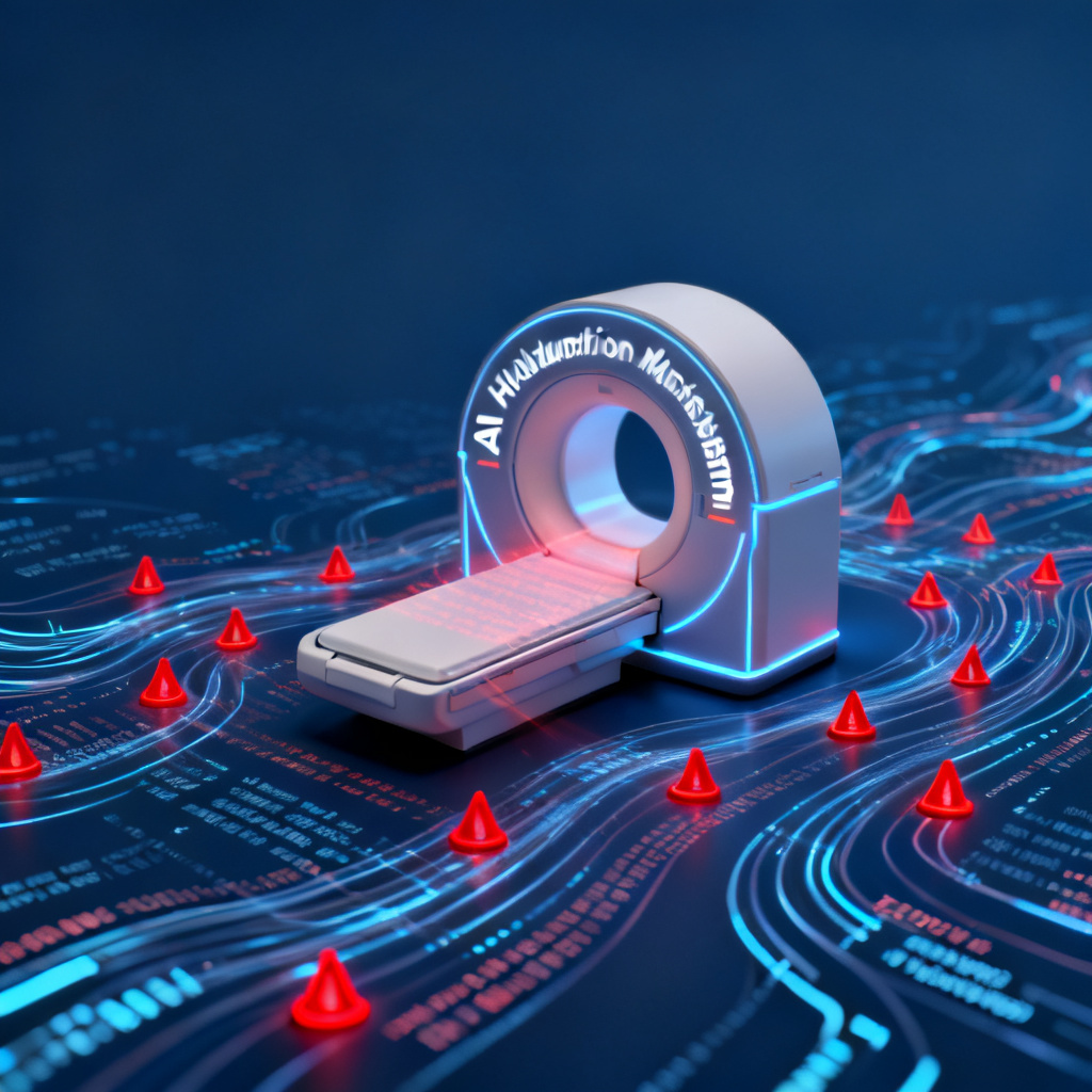 A futuristic CT scanner icon scanning text, with AI hallucination markers highlighted in red, surrounded by digital data streams, realistic style, dark blue background, 3D rendering.