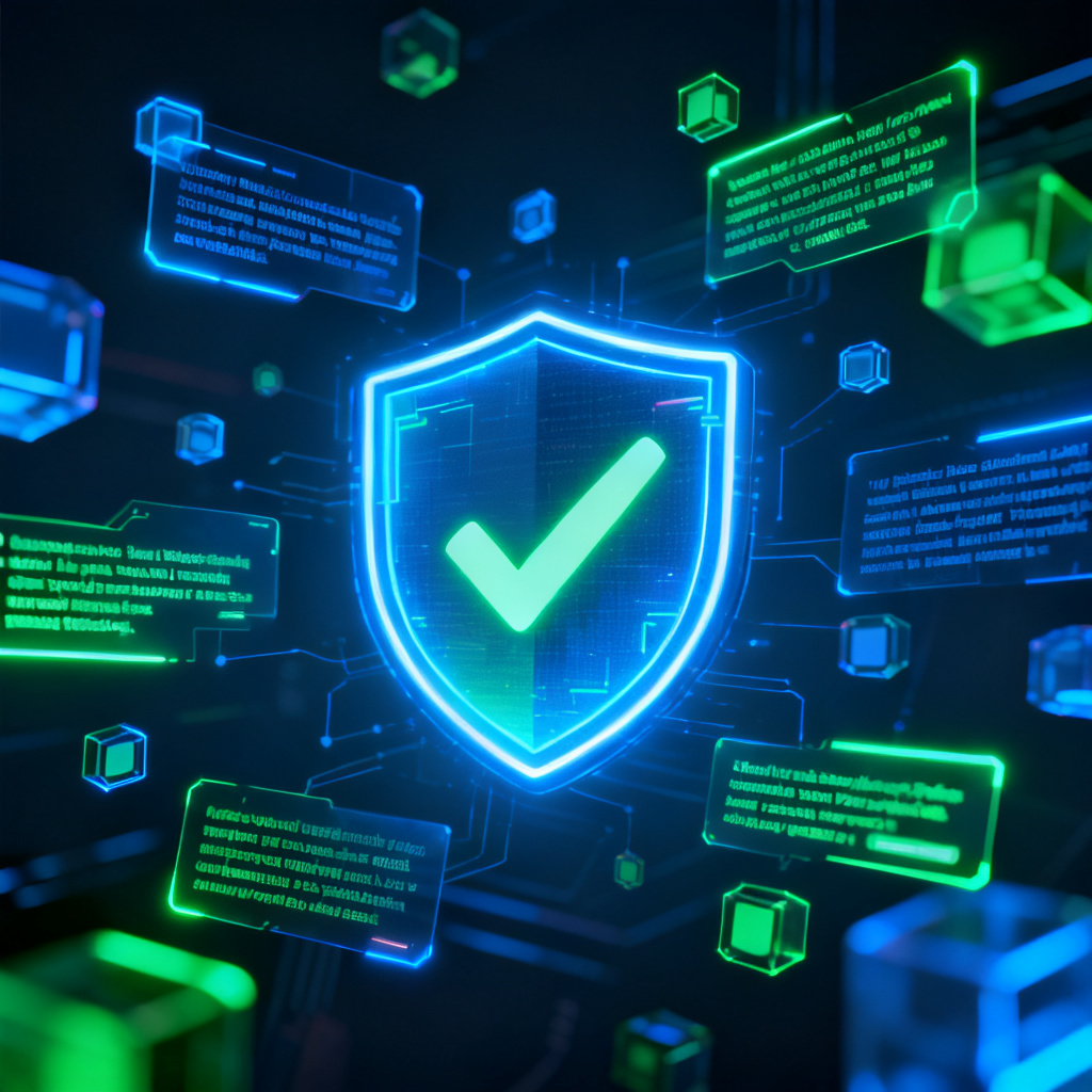 A futuristic interface with a glowing shield icon and a checkmark, surrounded by floating data nodes and text snippets, representing AI content verification, cyberpunk-style lighting with neon blue and green