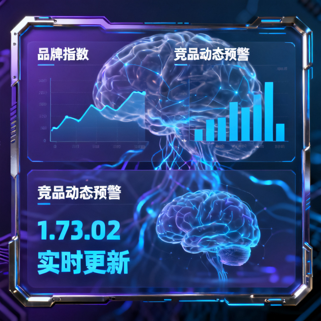 一个仪表盘界面，显示品牌指数、竞品动态预警等实时数据，背景是AI大脑