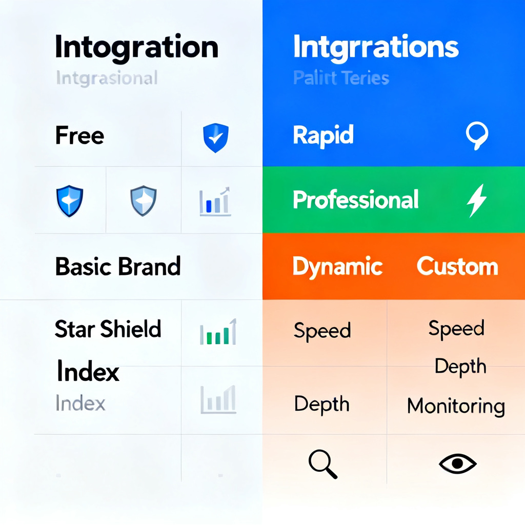 A split-screen infographic comparing the free features (Star Shield and Basic Brand Index) on the left with paid tiers (Rapid, Professional, Dynamic, Custom) on the right, using a clean, professional design with color-coded sections and icons representing speed, depth, and monitoring.