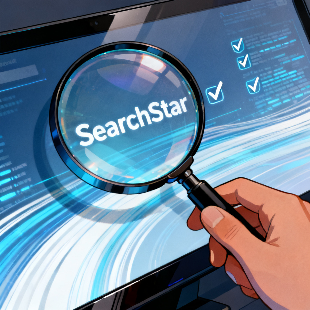 A hand holding a magnifying glass over a digital screen displaying 'SearchStar' and verified checkmarks, with a background of data streams
