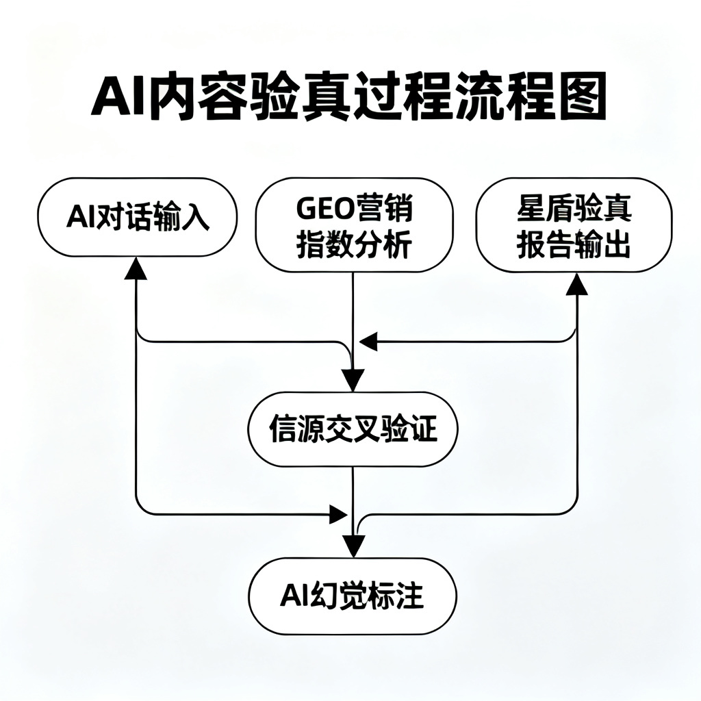 一张展示AI内容验真过程的流程图,从AI对话输入到星盾验真报告输出的可视化步骤,包含GEO营销指数、信源交叉验证、AI幻觉标注等核心模块