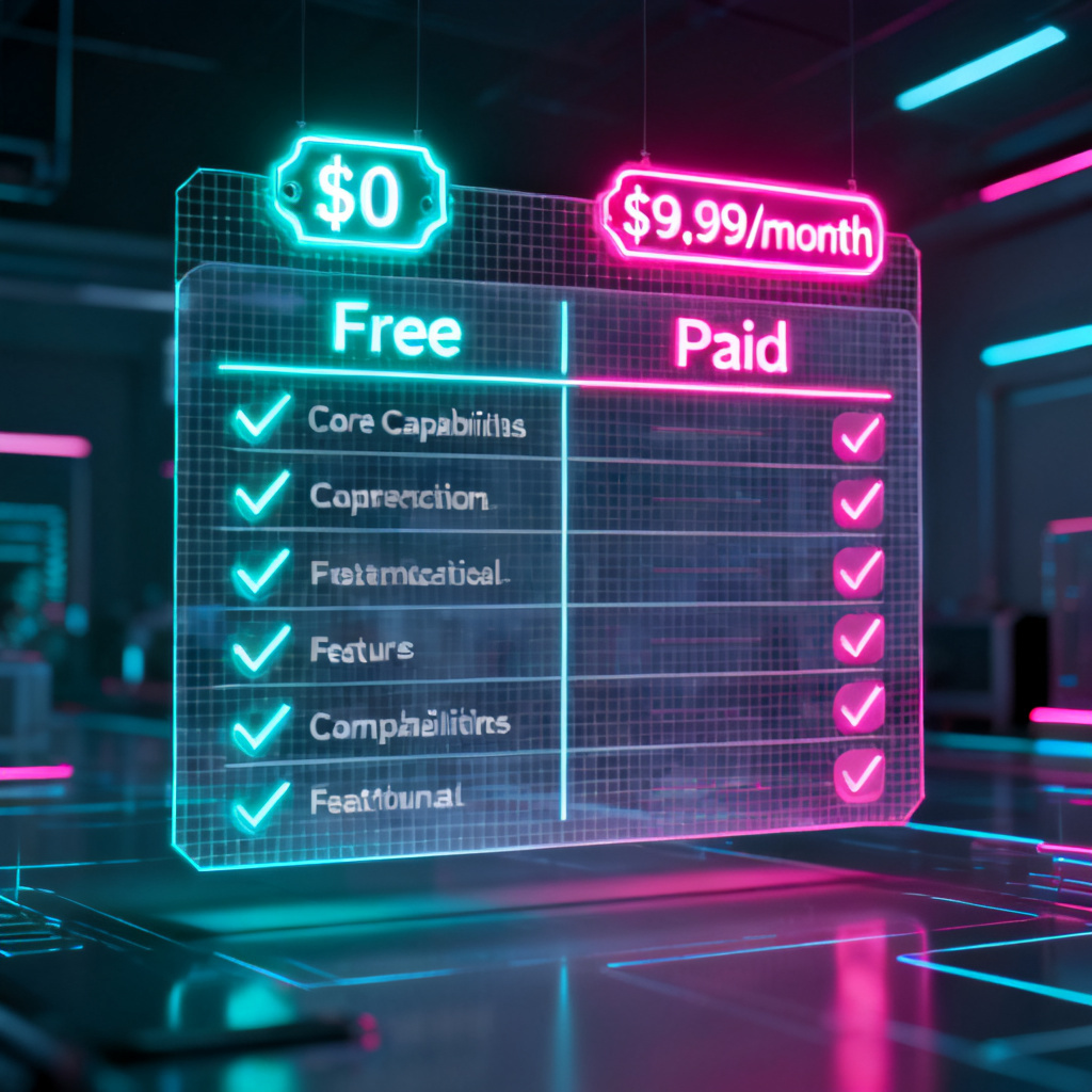 A comparison table floating in a digital space, with columns for free vs paid features, price tags in glowing neon, and checkmarks for core capabilities.